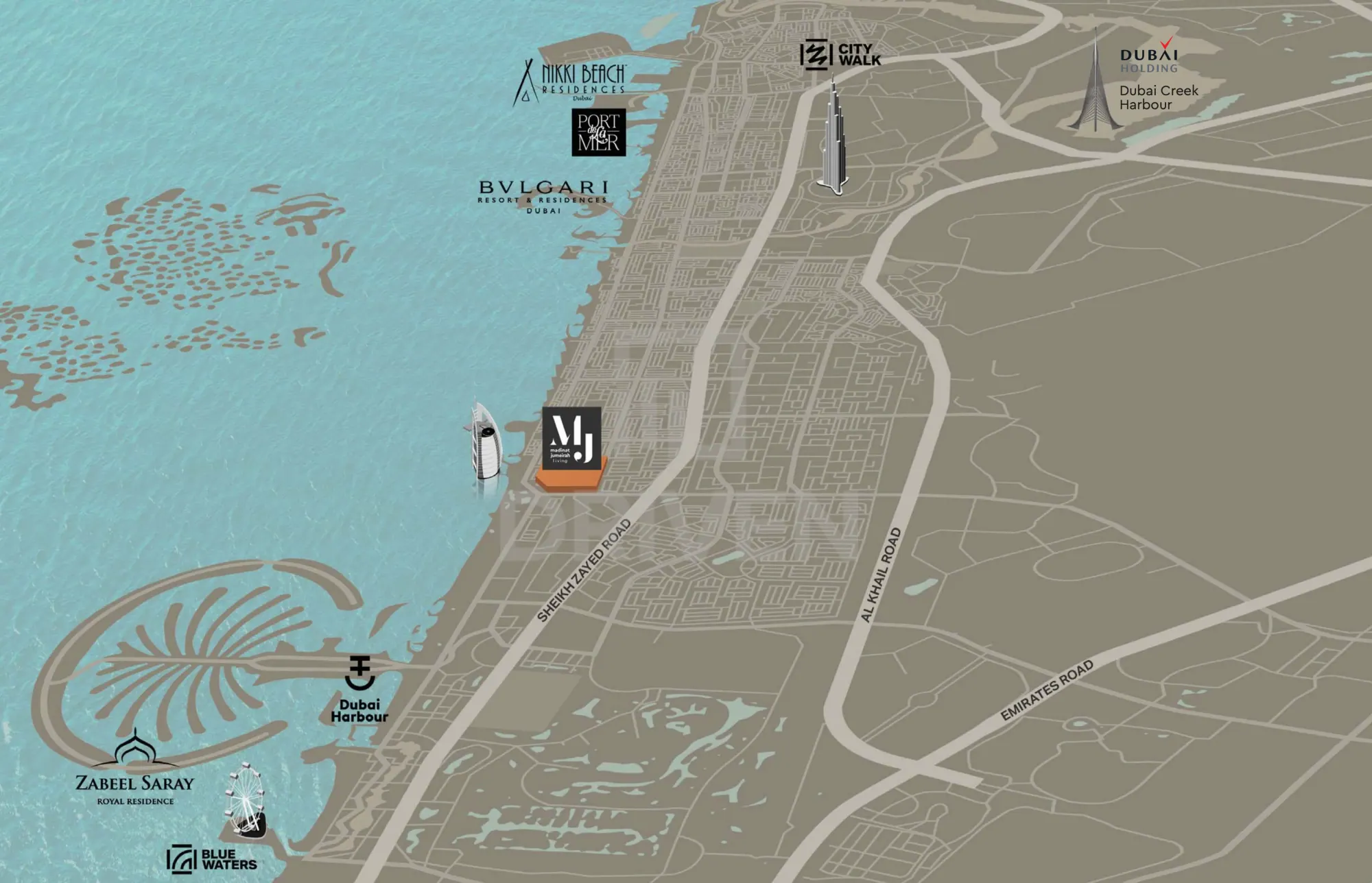 Illustrated map of Madinat Jumeirah Living by Meraas and the surrounding roads