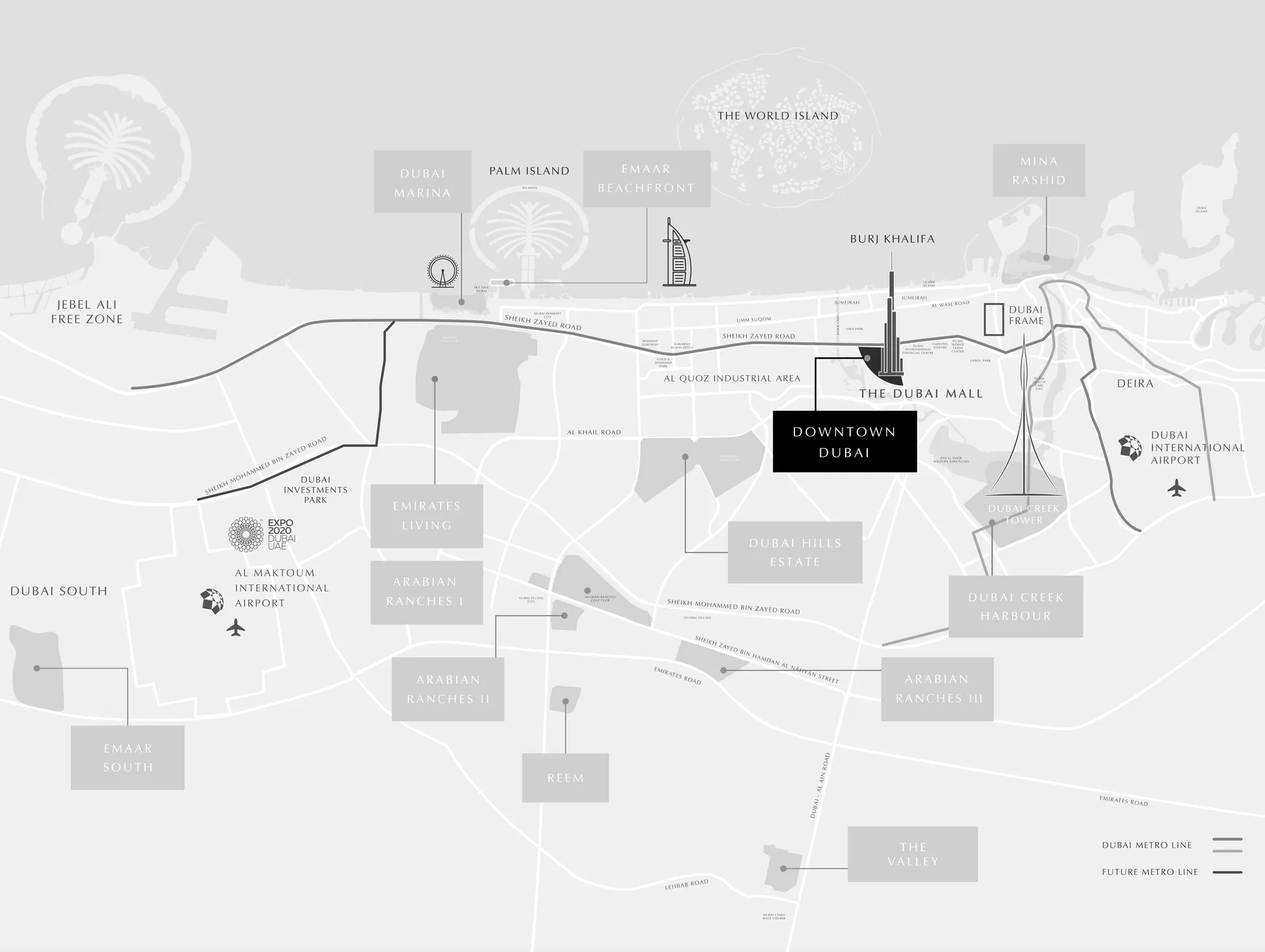 Illustrated map of Downtown Dubai by Emaar and the surrounding roads
