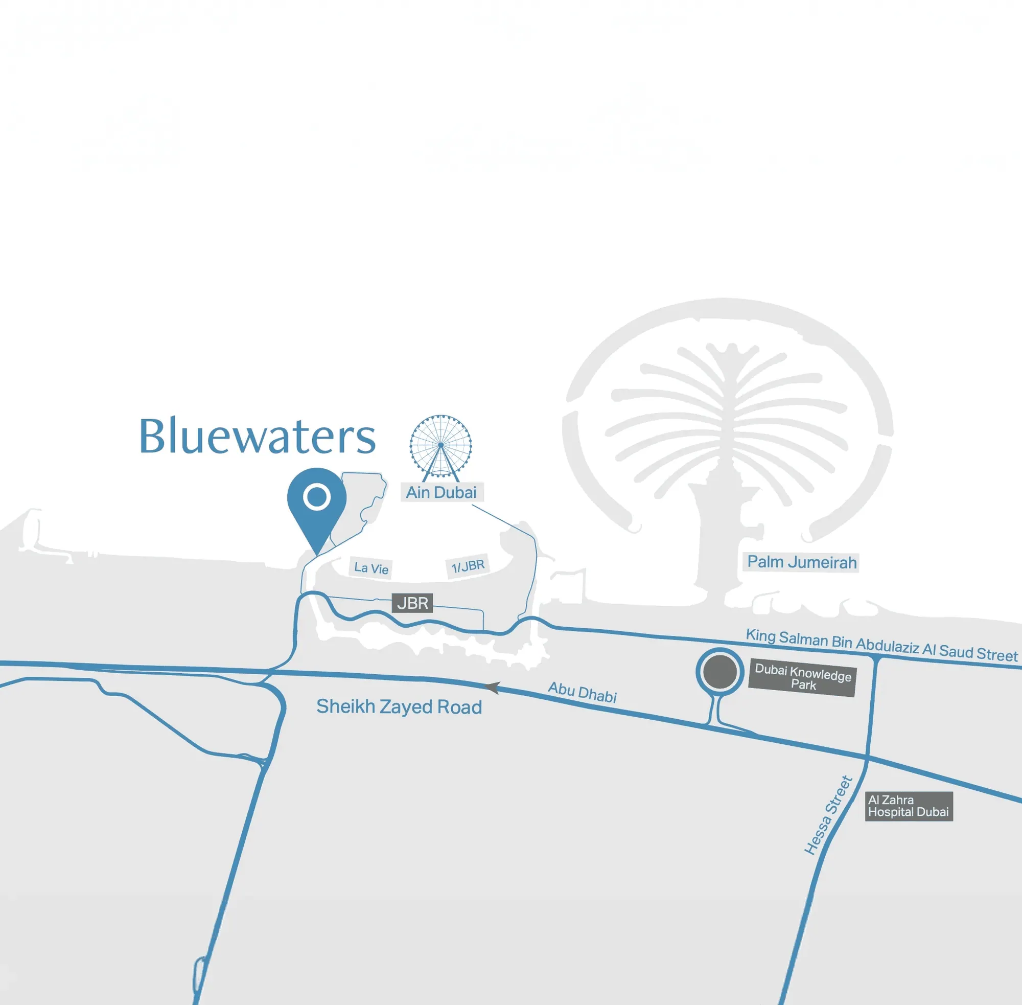 Illustrated map of Bluewaters by Meraas and the surrounding roads
