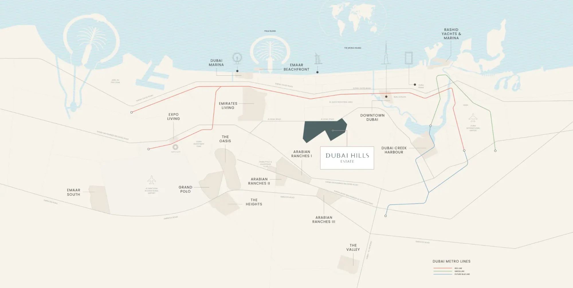 Illustrated map of Dubai Hills Estate by Emaar and the surrounding roads