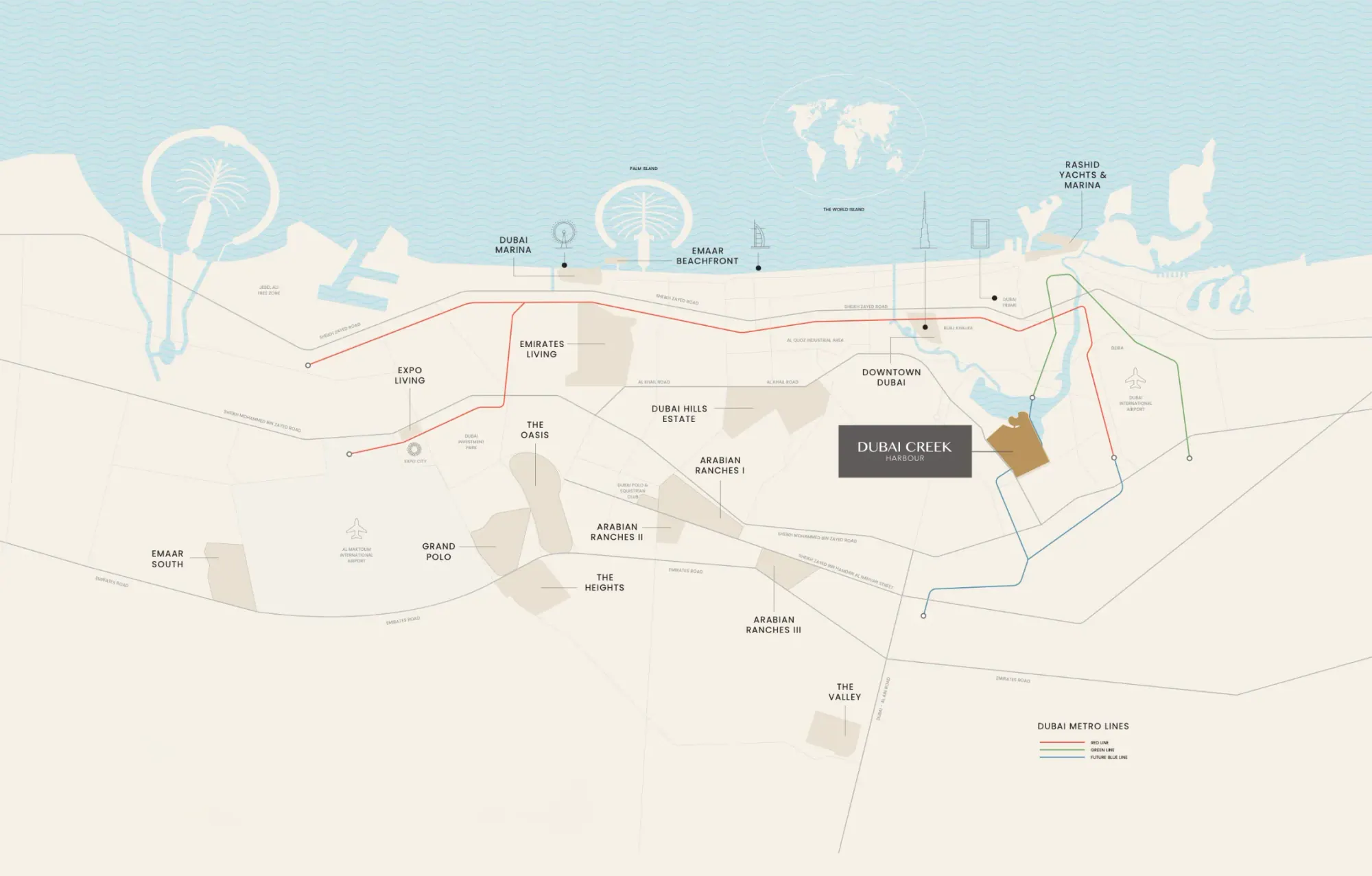 Illustrated map of Dubai Creek Harbour by Emaar and the surrounding roads