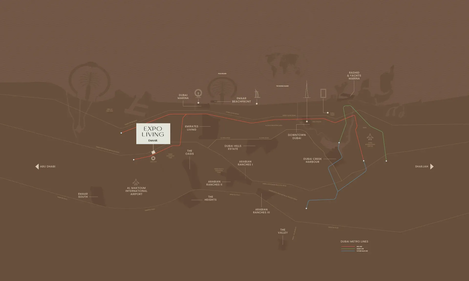 Illustrated map of Expo Living by Emaar Properties and the surrounding roads