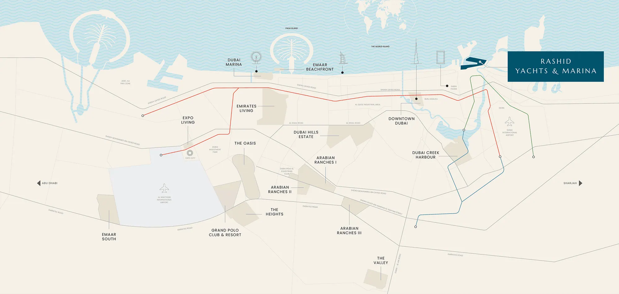 Illustrated map of Rashid Yachts and Marina by Emaar and the surrounding roads