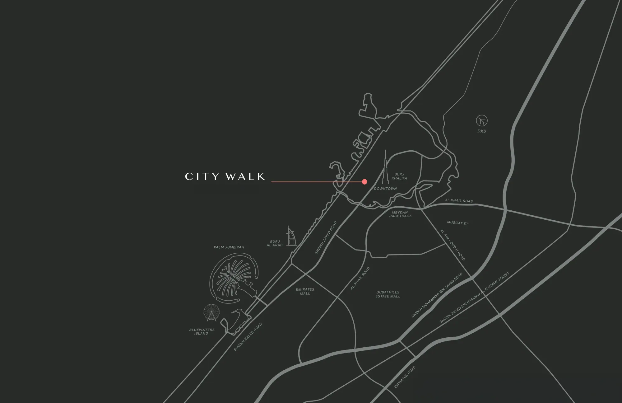 Illustrated map of City Walk by Meraas and the surrounding roads