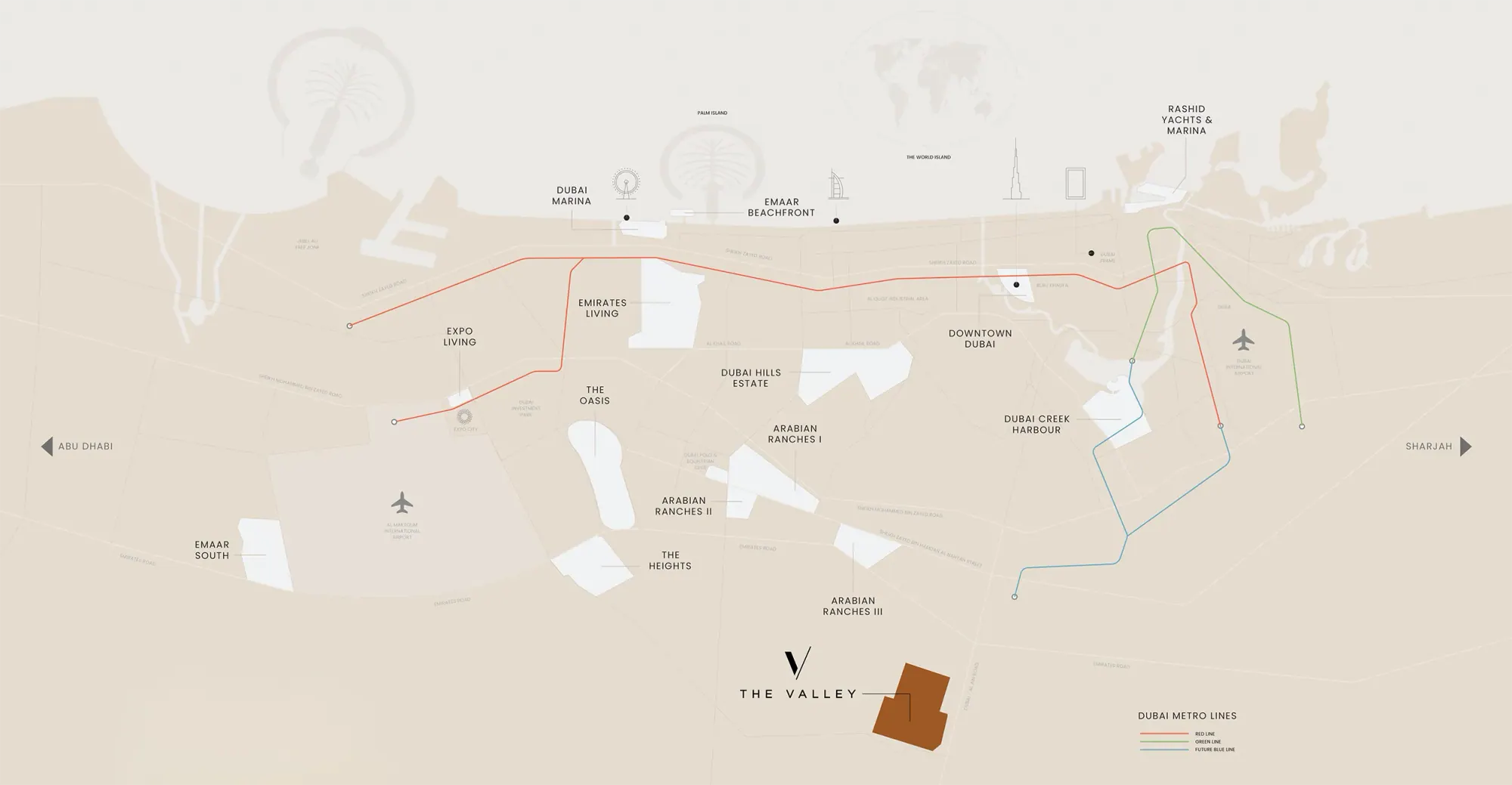 Illustrated map of The Valley by Emaar and the surrounding roads