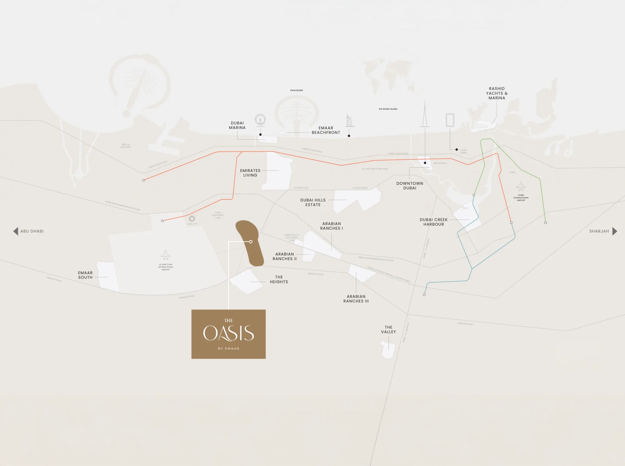 Illustrated map of The Oasis by Emaar and the surrounding roads